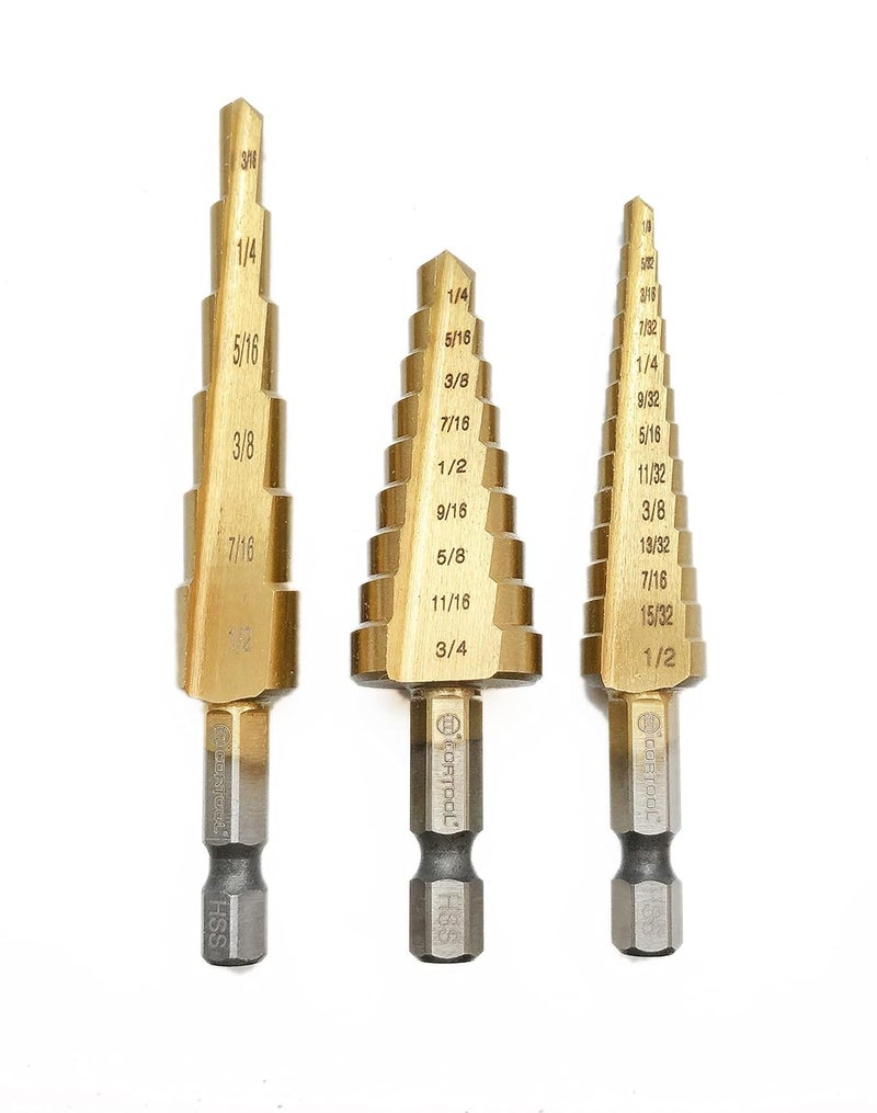 Cortool Titanium Step Drill Bit Set - 3PCS High Speed Steel Unibit, 1/4" Shank, Total 28 Sizes 3/16" - 1/2" - Image 1